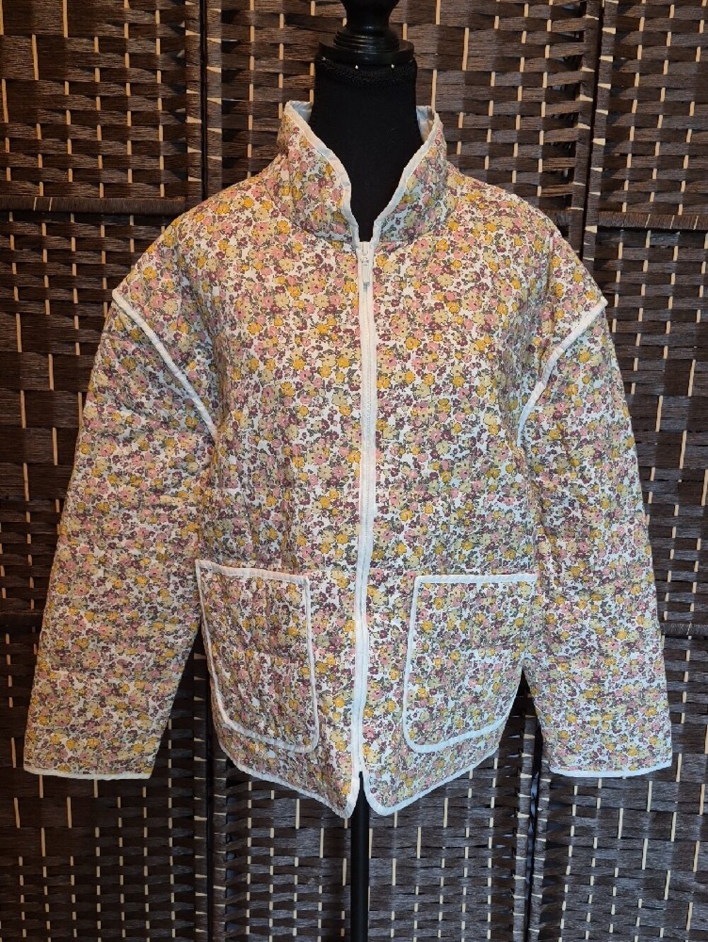 Quilted Floral Puffer Jacket in Cream and Mustard - Picture 2 of 8